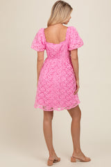 Pink Floral Mesh Lace Puff Sleeve Dress