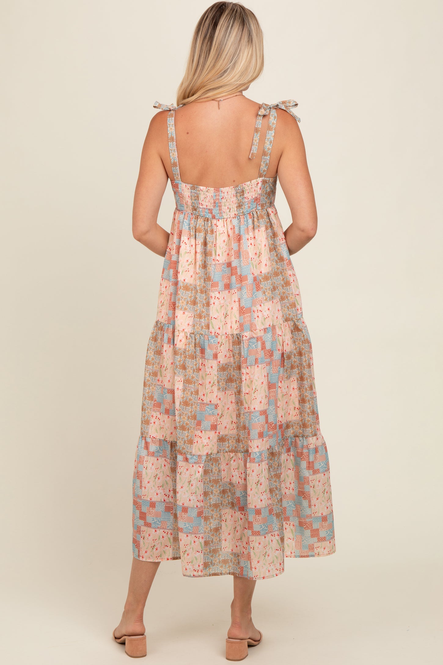 Peach Patchwork Print Shoulder Tie Tiered Midi Dress
