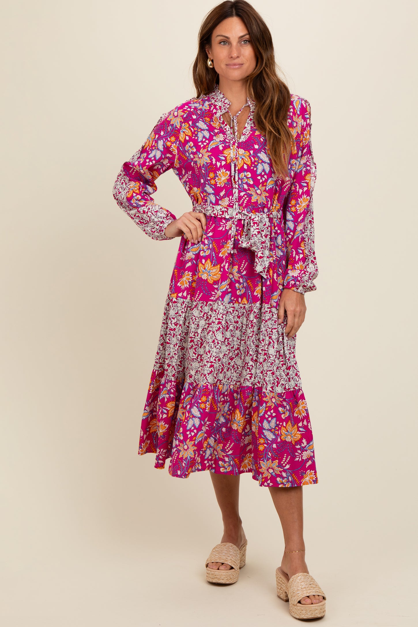Magenta Mixed Floral Front Tie Midi Dress