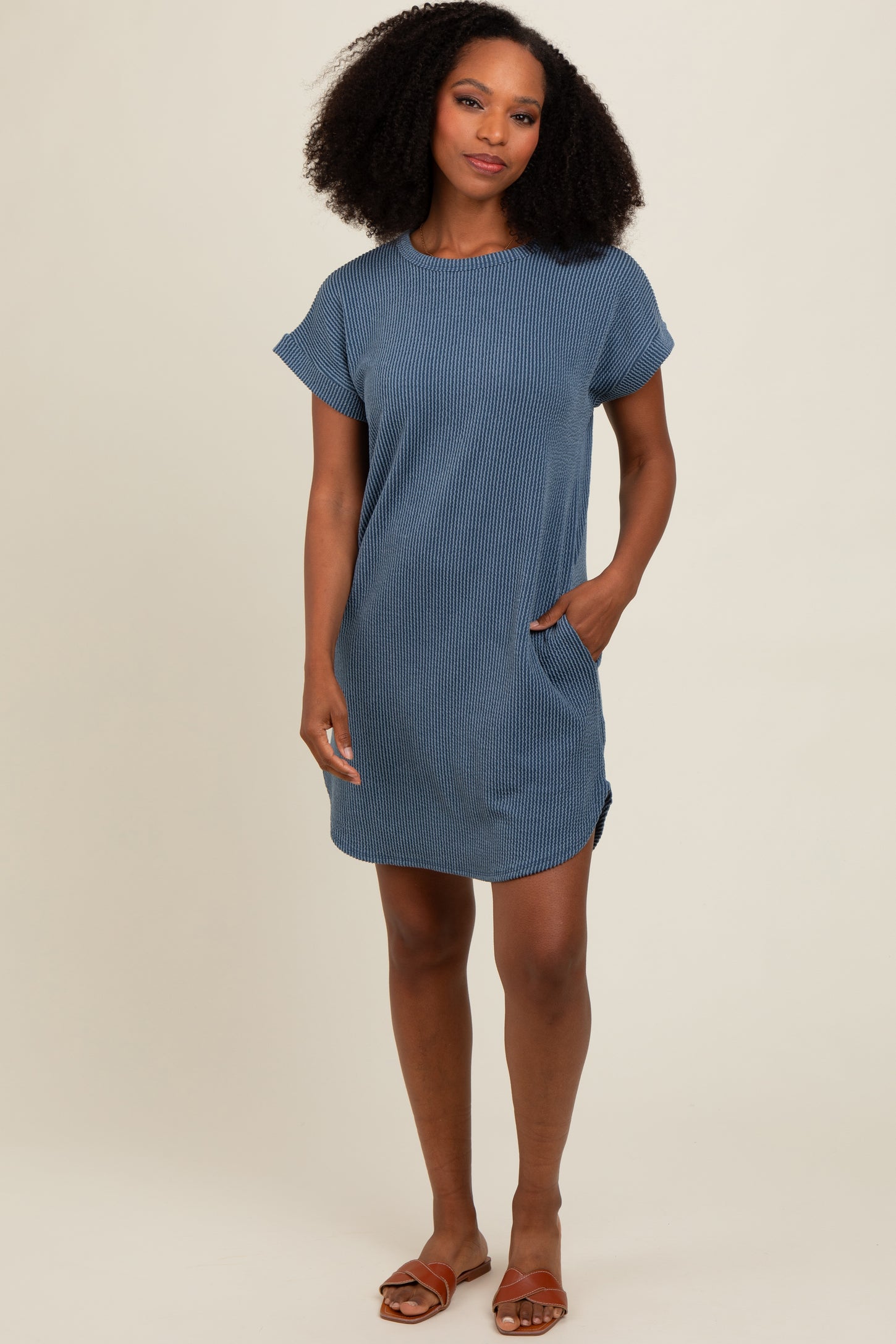 Blue Ribbed Round Hem Dress