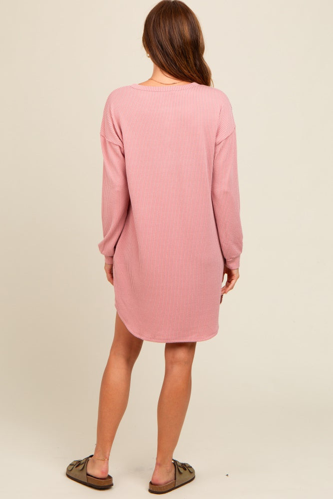 Mauve Ribbed Button Accent Dress