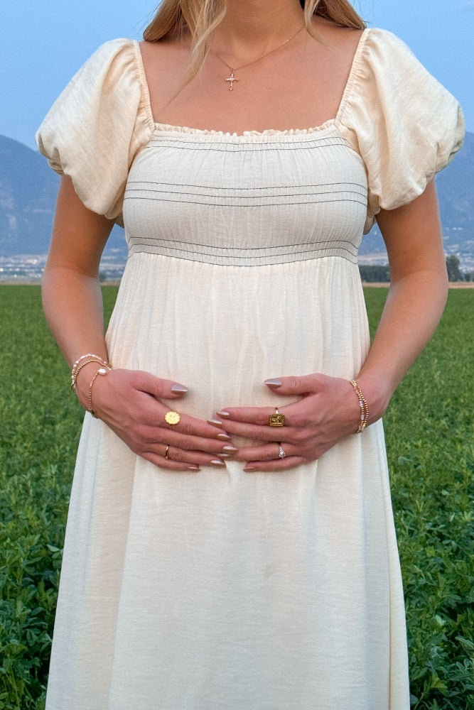 Cream Smocked Puff Sleeve Maternity Maxi Dress