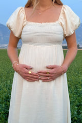 Cream Smocked Puff Sleeve Maternity Maxi Dress