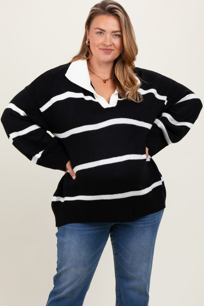 Black Striped Collared Maternity Plus Sweater