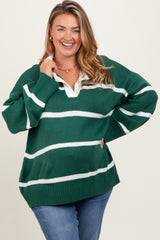 Hunter Green Striped Collared Maternity Plus Sweater
