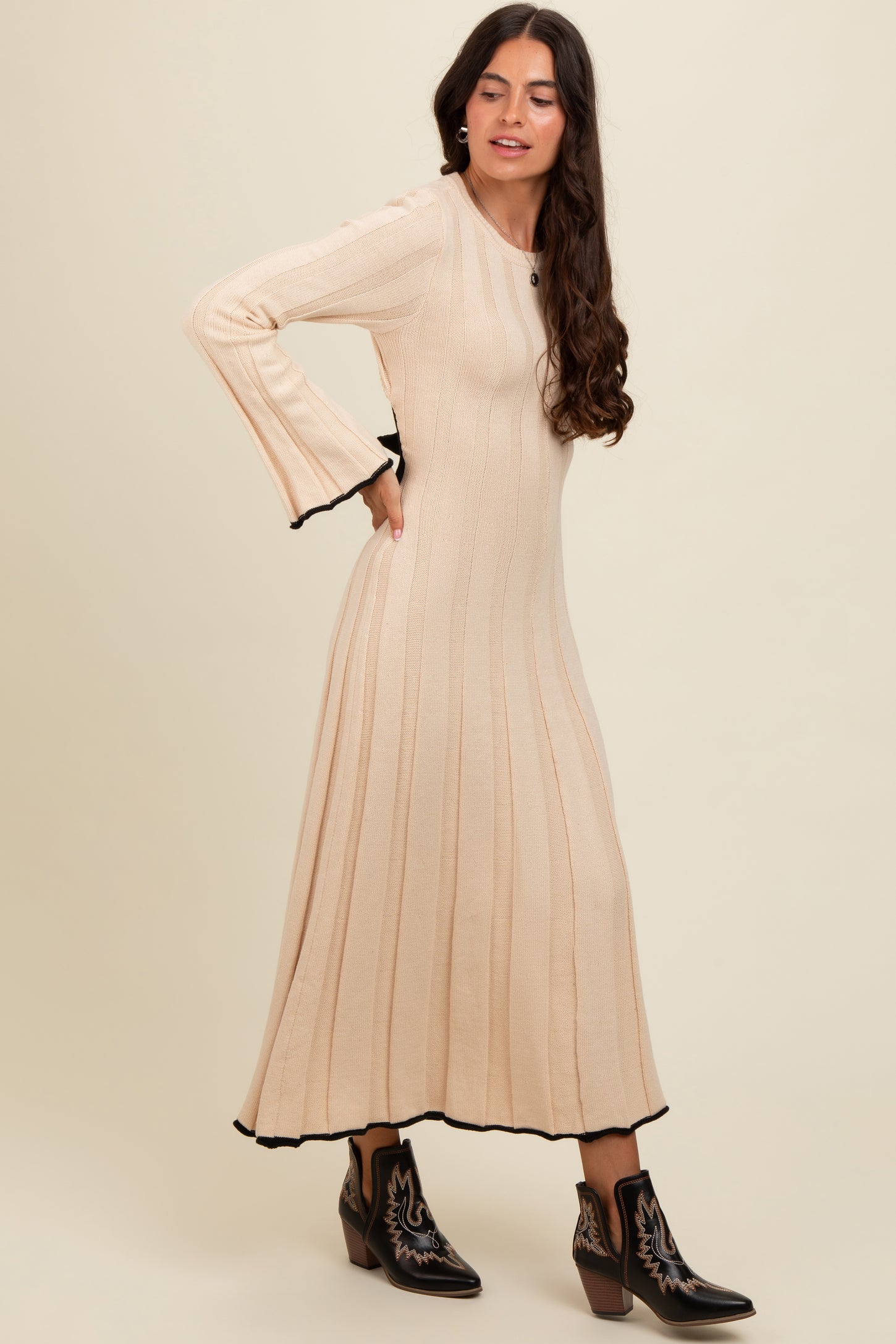 Cream Sweater Knit Bell Sleeve Back Cutout Maxi Dress