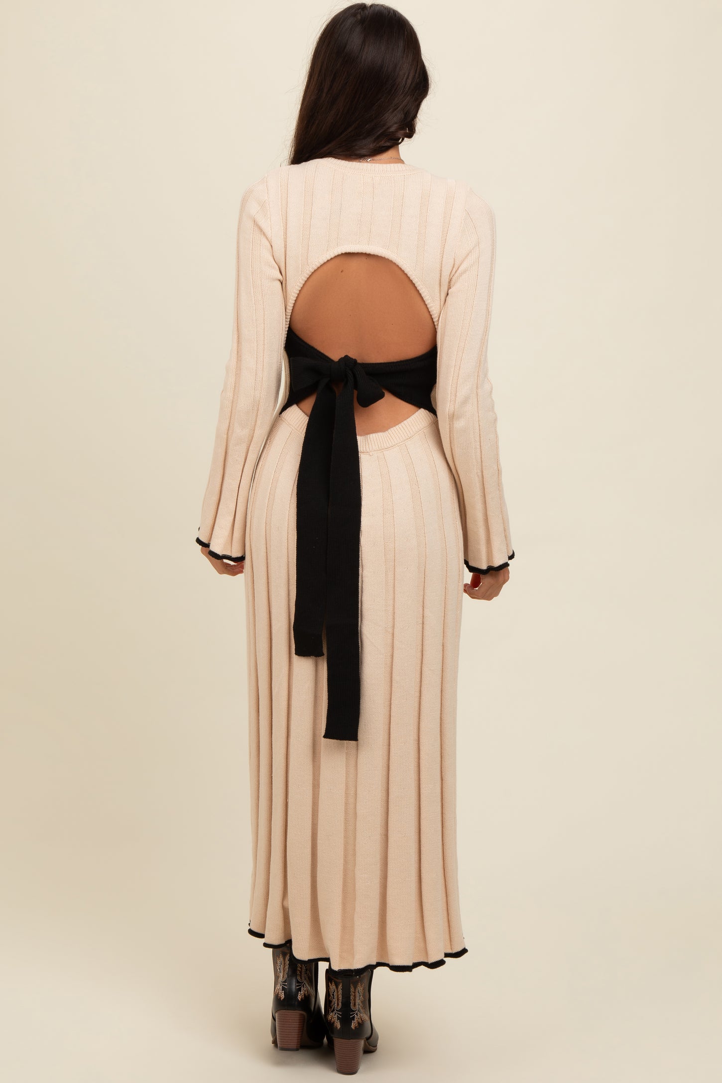 Cream Sweater Knit Bell Sleeve Back Cutout Maxi Dress