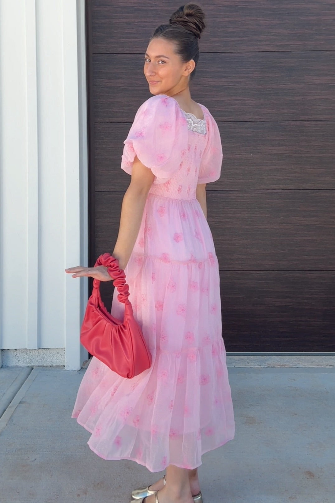 Pink Flower Embroidered Puff Sleeve Tiered Maxi Dress