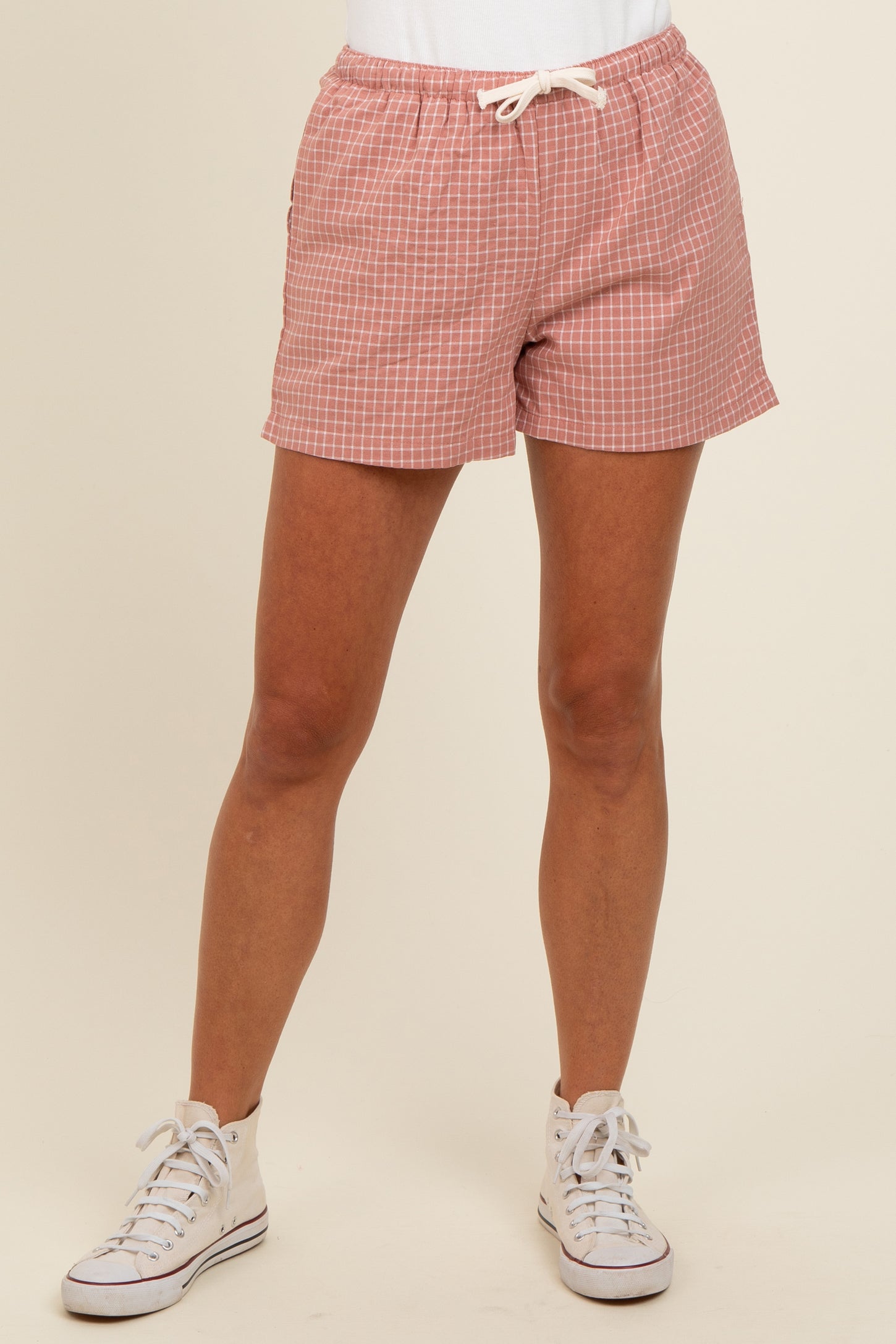 Pink Checker Plaid Drawstring Shorts
