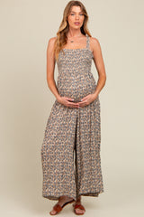 Taupe Printed Smocked Wide Leg Maternity Jumpsuit