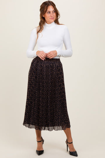 Navy Blue Floral Print Chiffon Pleated Midi Skirt