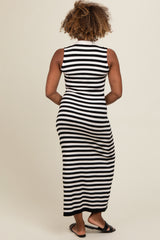Black Striped Knit Polo Fitted Maxi Dress