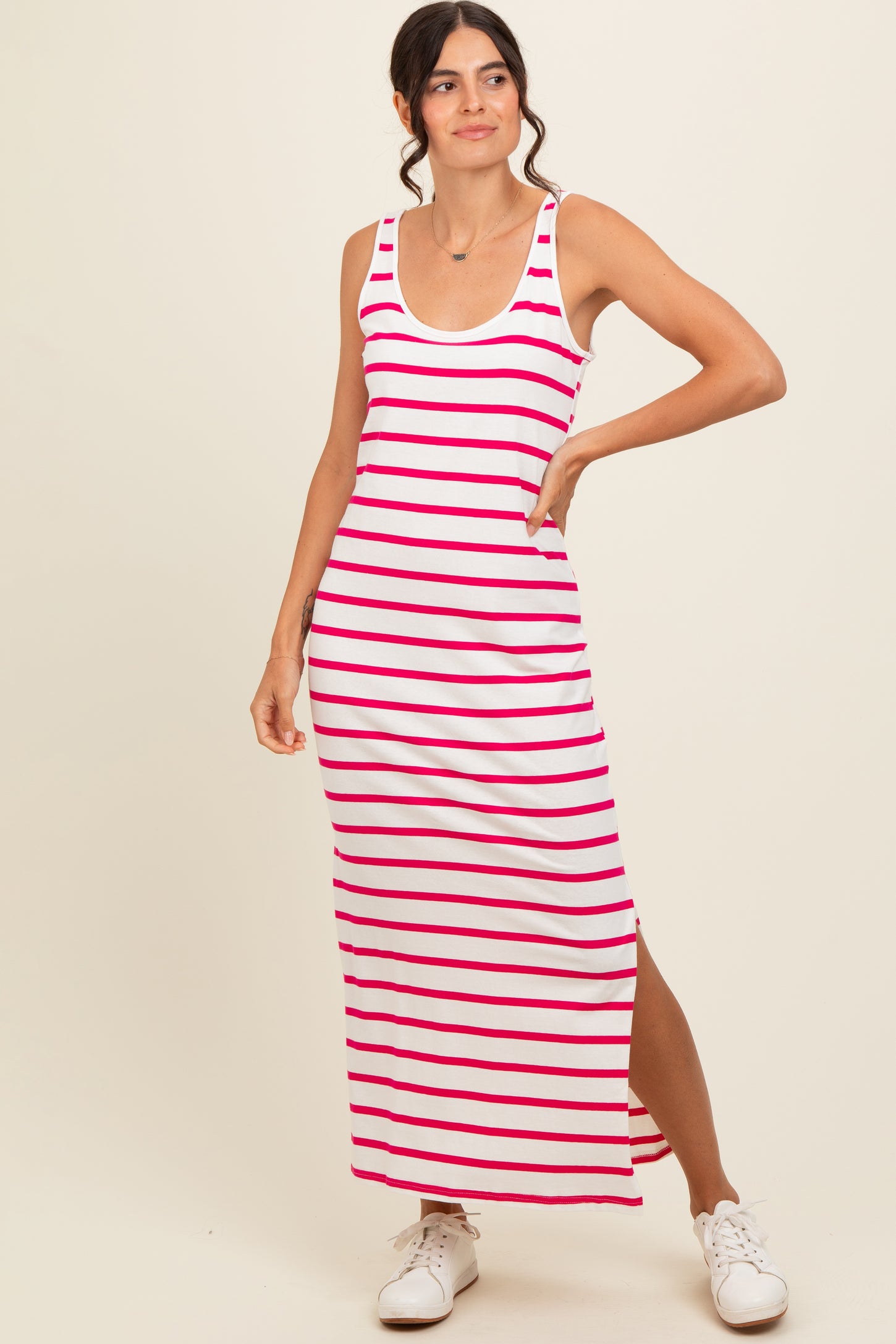 Fuchsia Striped Sleeveless Side Slit Maternity Maxi Dress