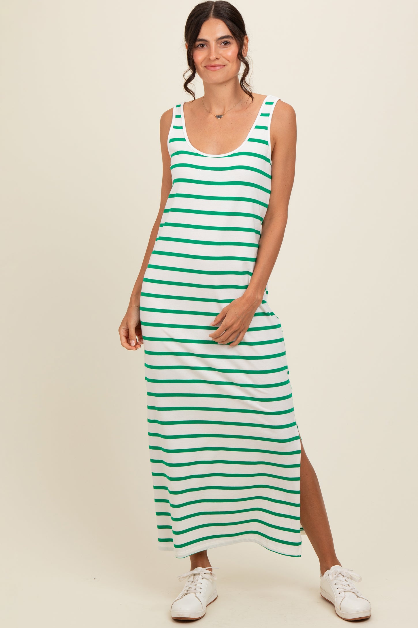 Green Striped Sleeveless Side Slit Maxi Dress