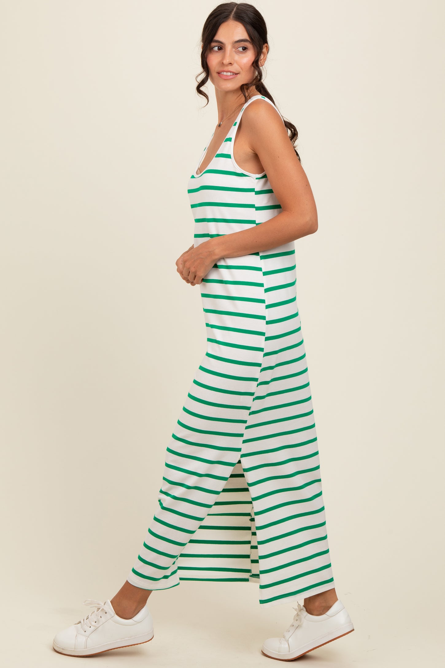 Green Striped Sleeveless Side Slit Maxi Dress