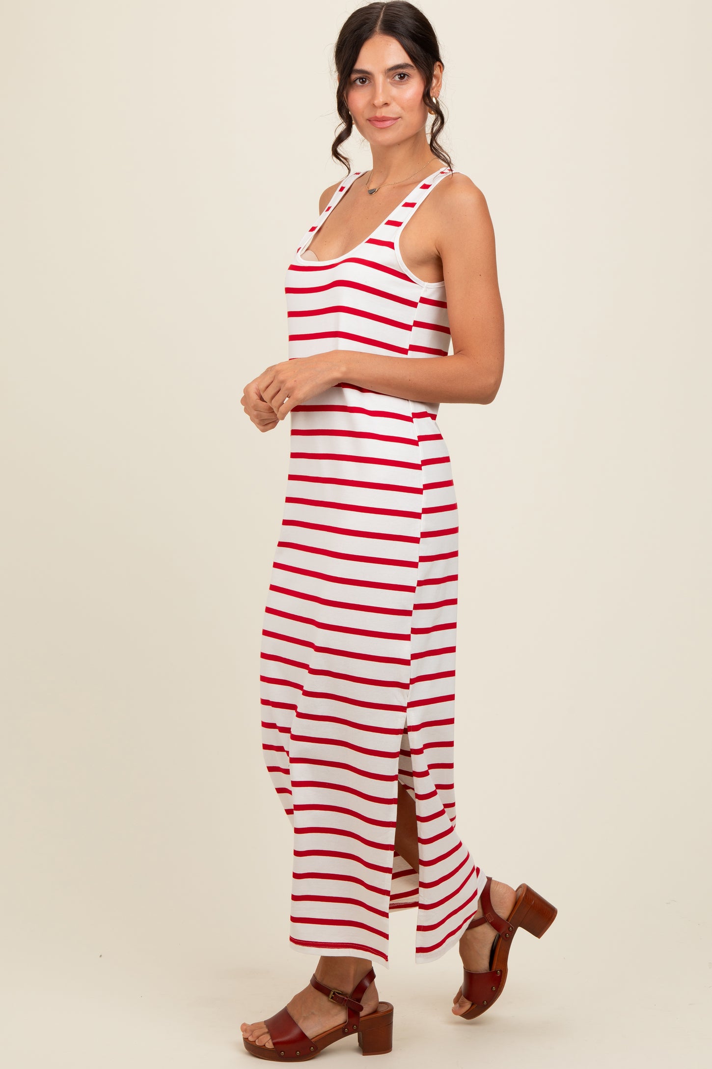 Red Striped Sleeveless Side Slit Maxi Dress