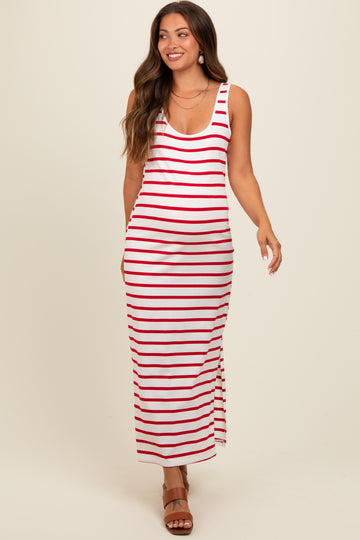 Red Striped Sleeveless Side Slit Maternity Maxi Dress