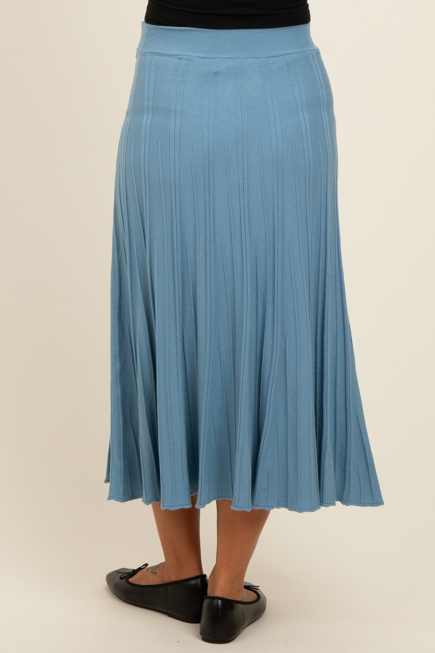 Blue Ribbed Knit A-Line Midi Maternity Skirt