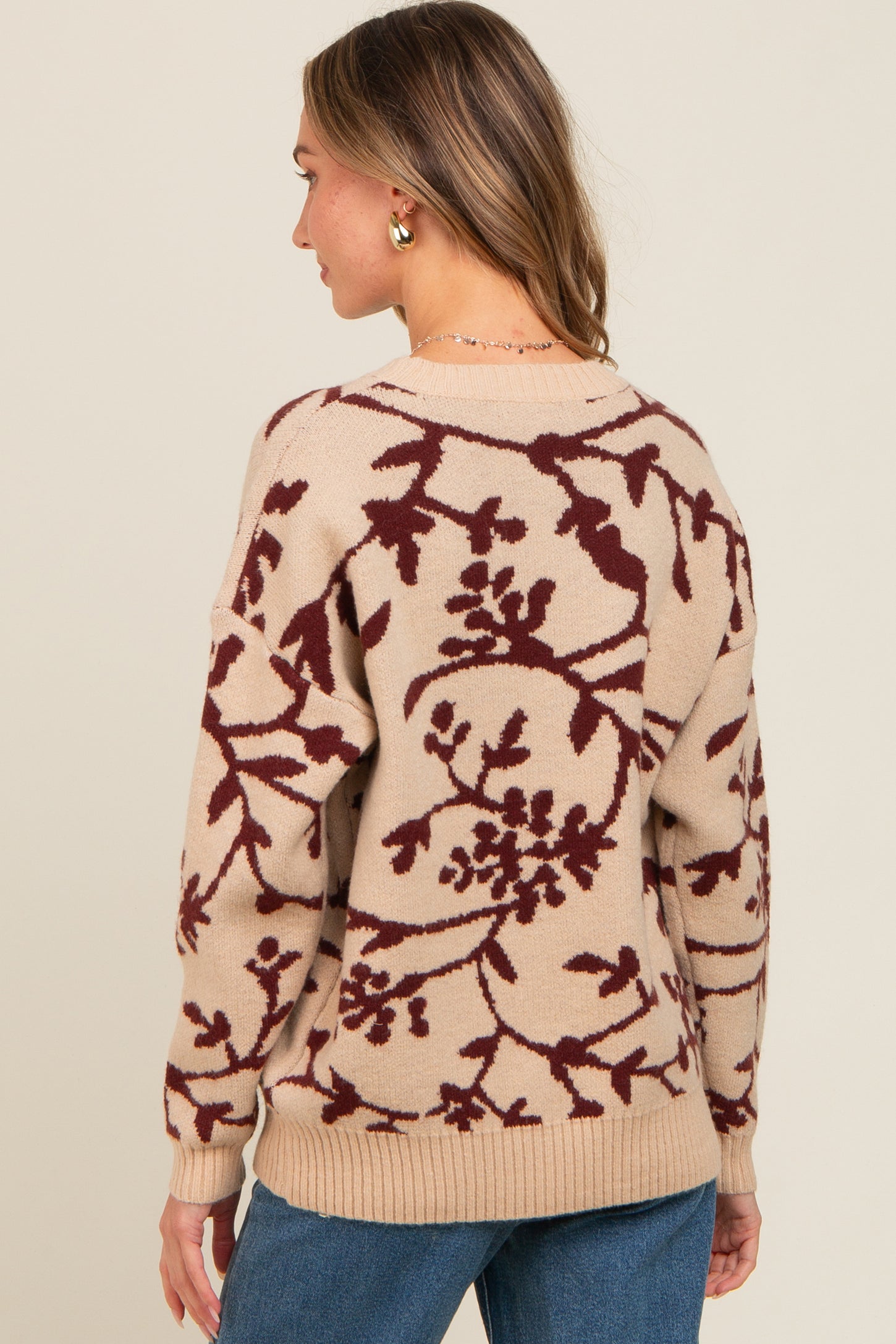 Burgundy Floral Drop Shoulder Sweater