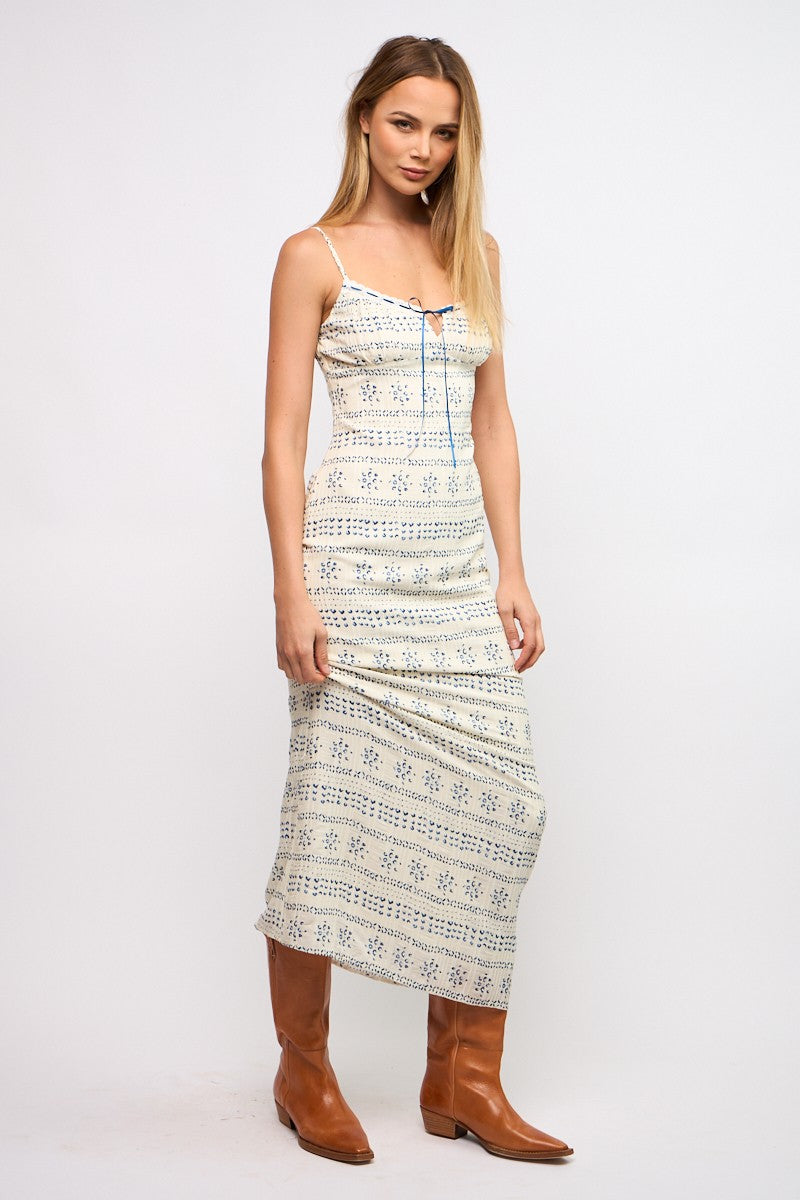 Navy Blue Printed Ribbon Detail Maxi Dress