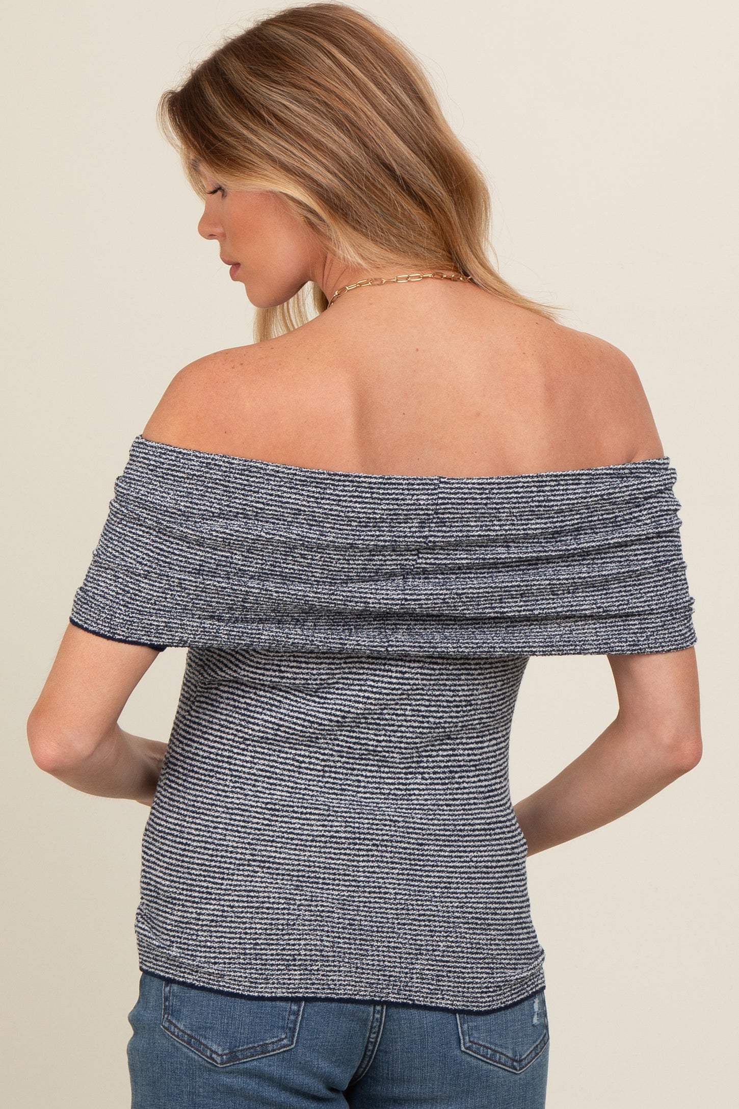 Navy Blue Off Shoulder Striped Maternity Top