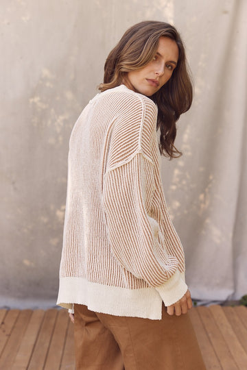 Camel Two Tone Ribbed Knit Sweater