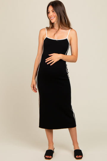 Black Contrast Border Knit Maternity Midi Dress