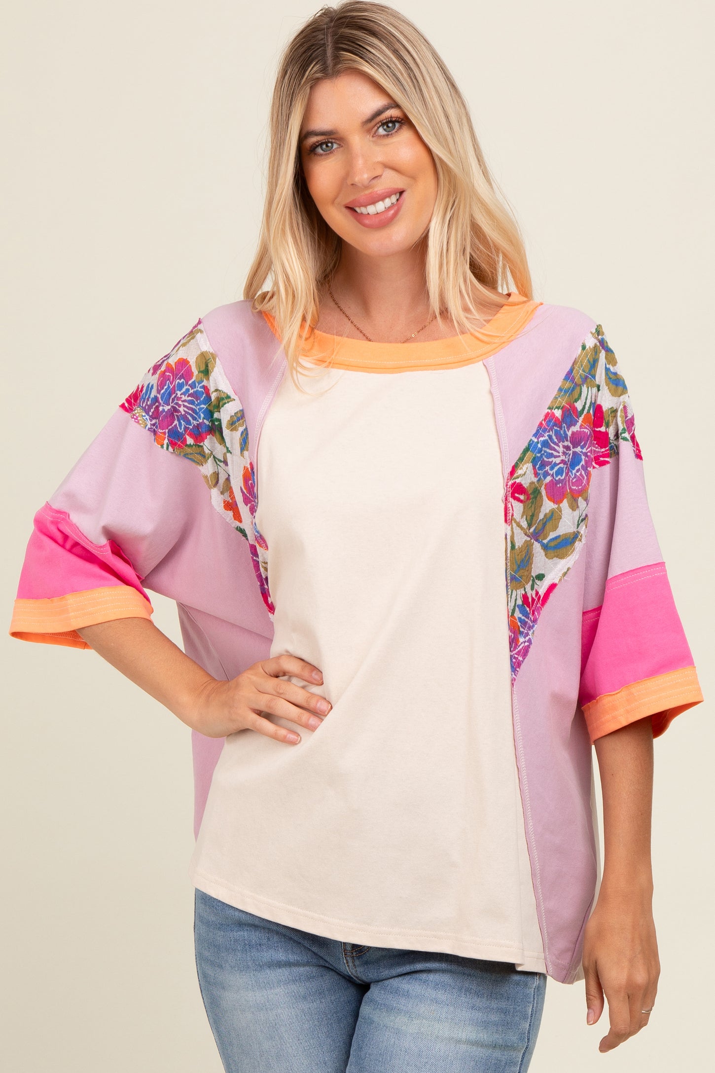 Lavender Floral Colorblock Raw Hem Oversized Top