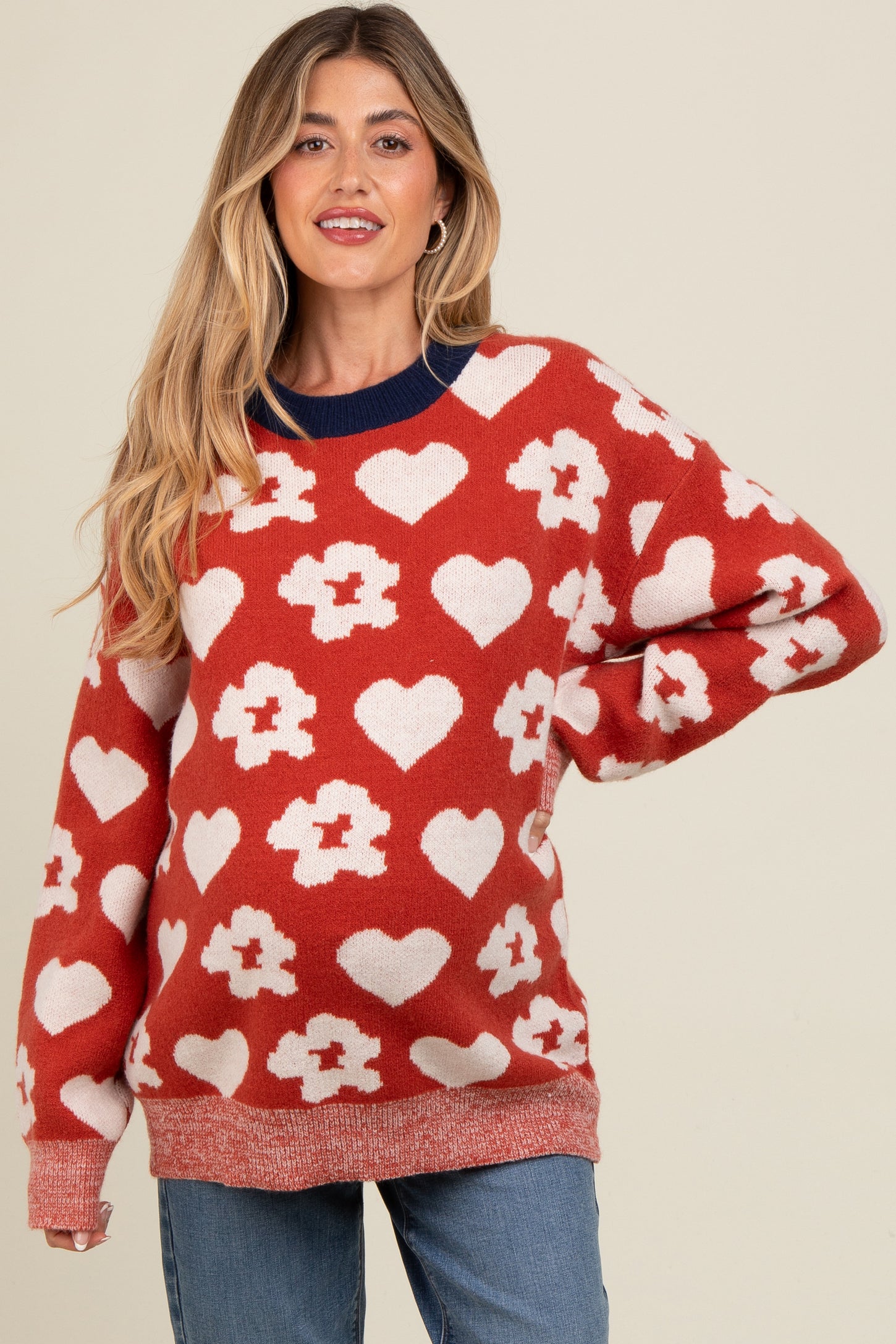 Rust Floral Heart Print Maternity Sweater