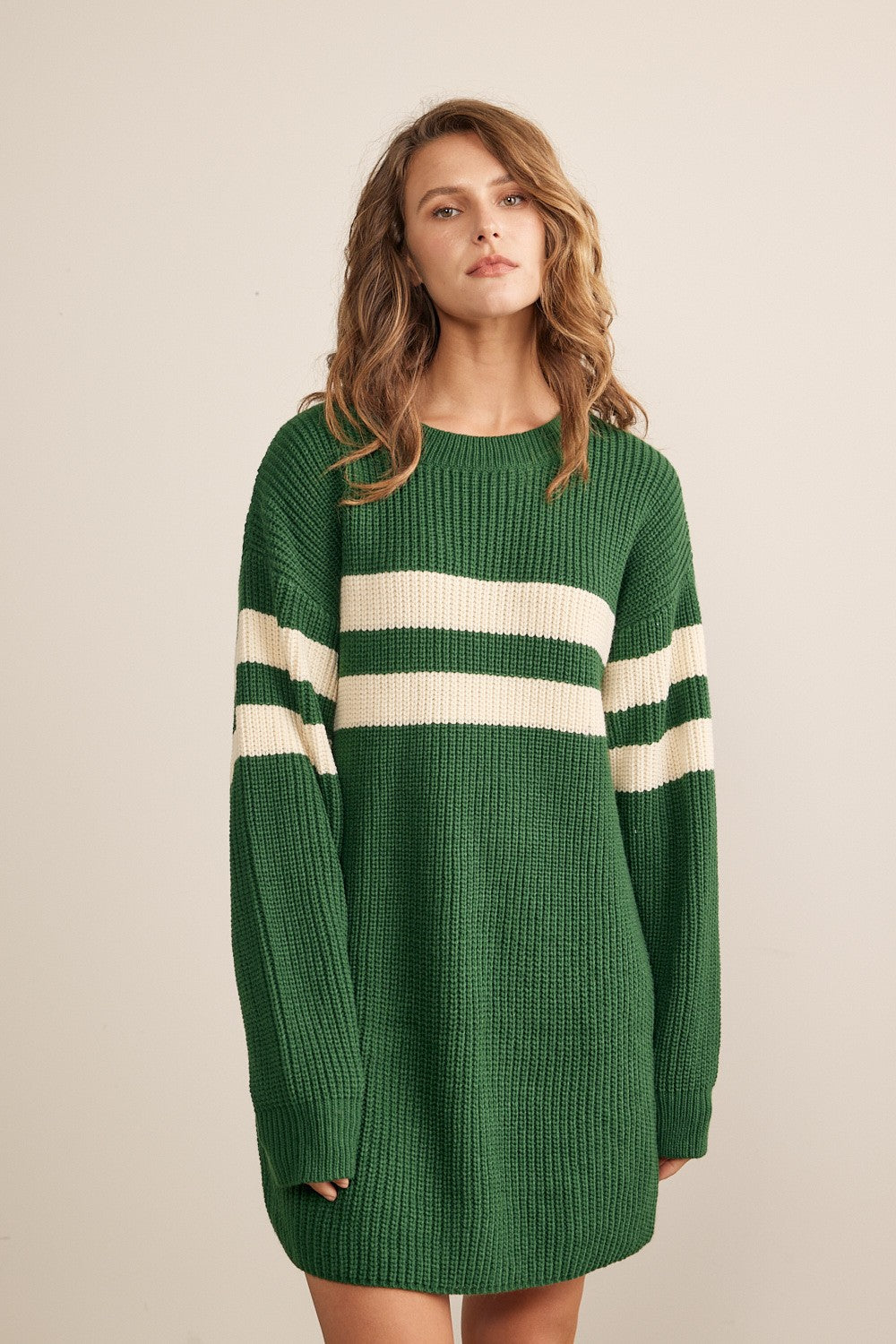 Forest Green Relaxed Fit Striped Mini Sweater Dress