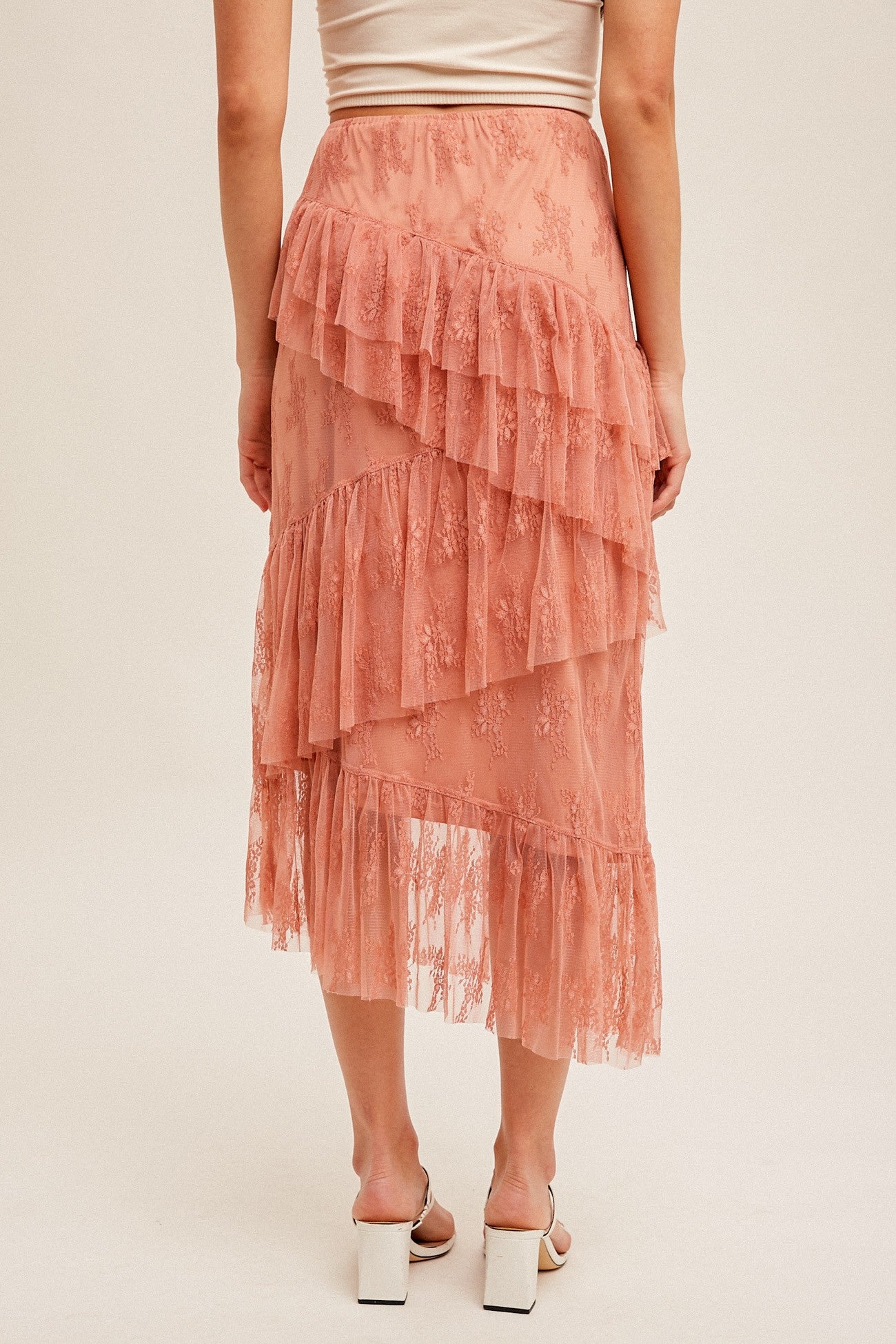 Rust Asymmetrical Tiered Lace Skirt