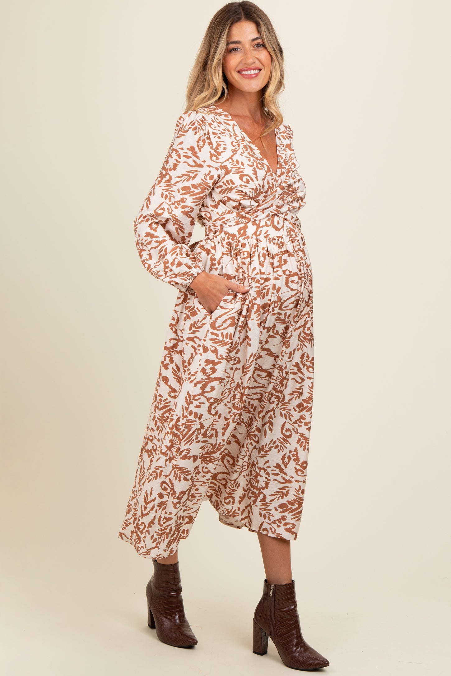Cream Abstract Floral Gathered Front Maternity Midi Dress