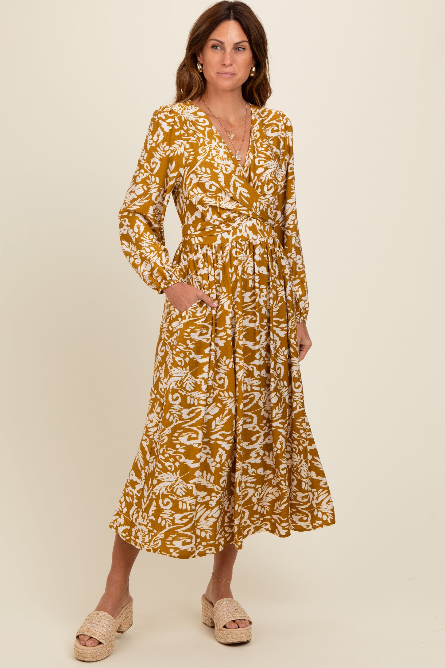 Gold Abstract Floral Gathered Front Midi Dress