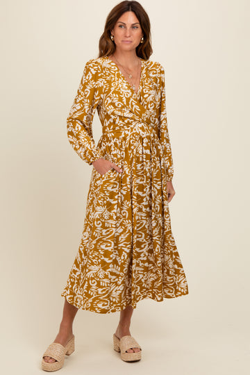Gold Abstract Floral Gathered Front Midi Dress