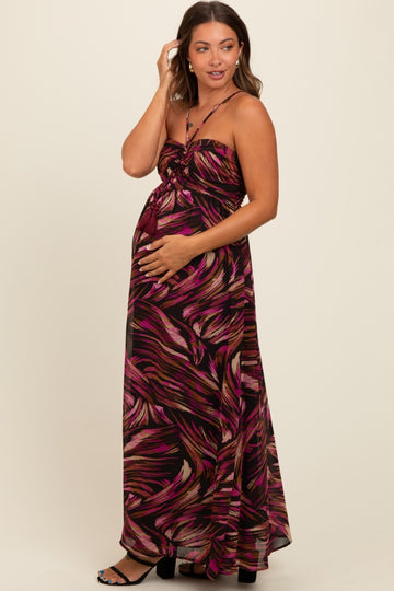 Black Printed Halter Cross Back Maternity Maxi Dress