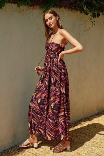 Black Printed Halter Cross Back Maxi Dress