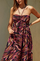 Black Printed Halter Cross Back Maxi Dress