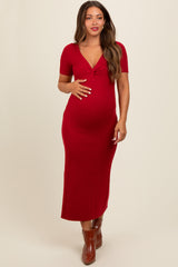 Red Knit Twisted V-Neck Maternity Maxi Dress