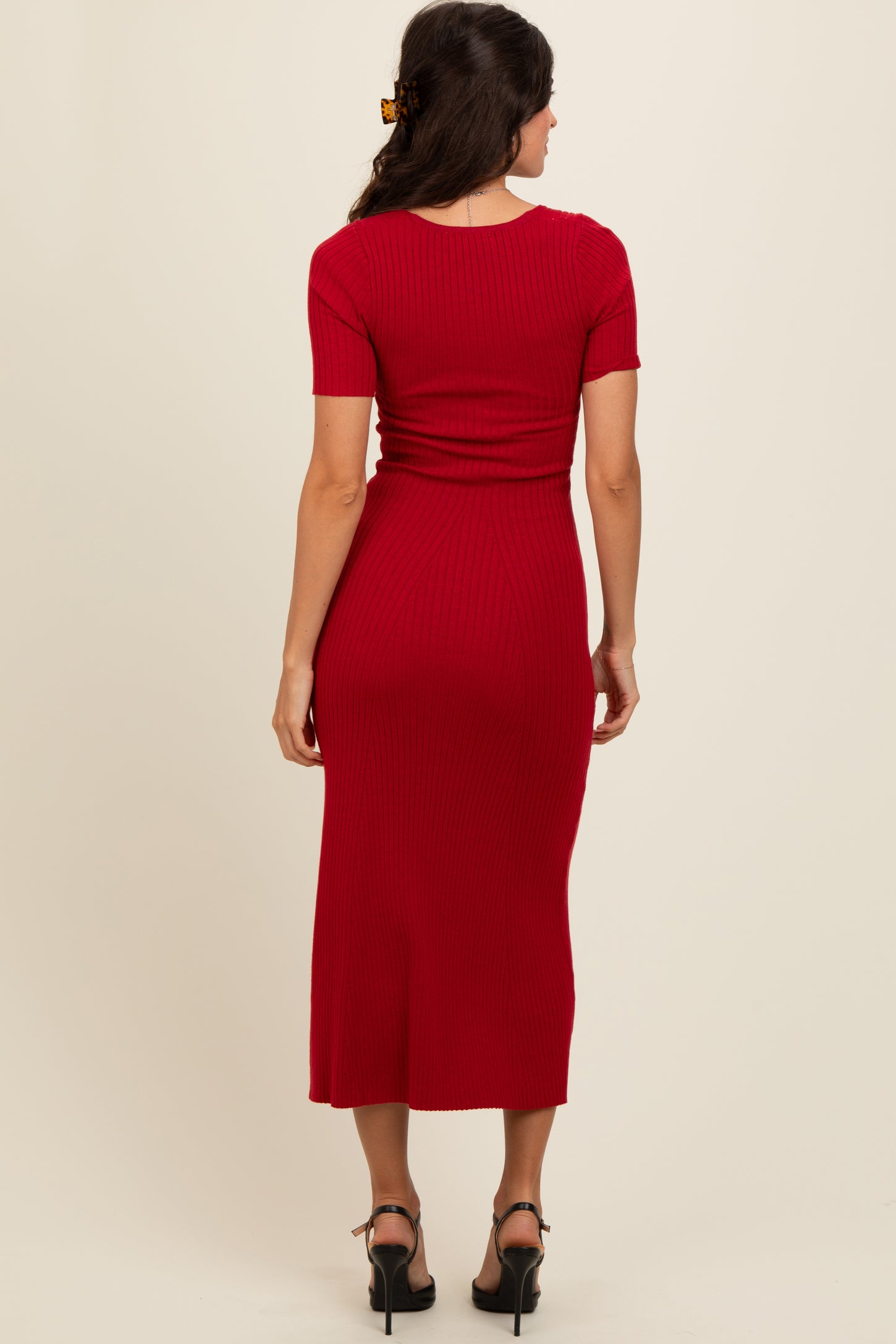 Red Knit Twisted V-Neck Maxi Dress