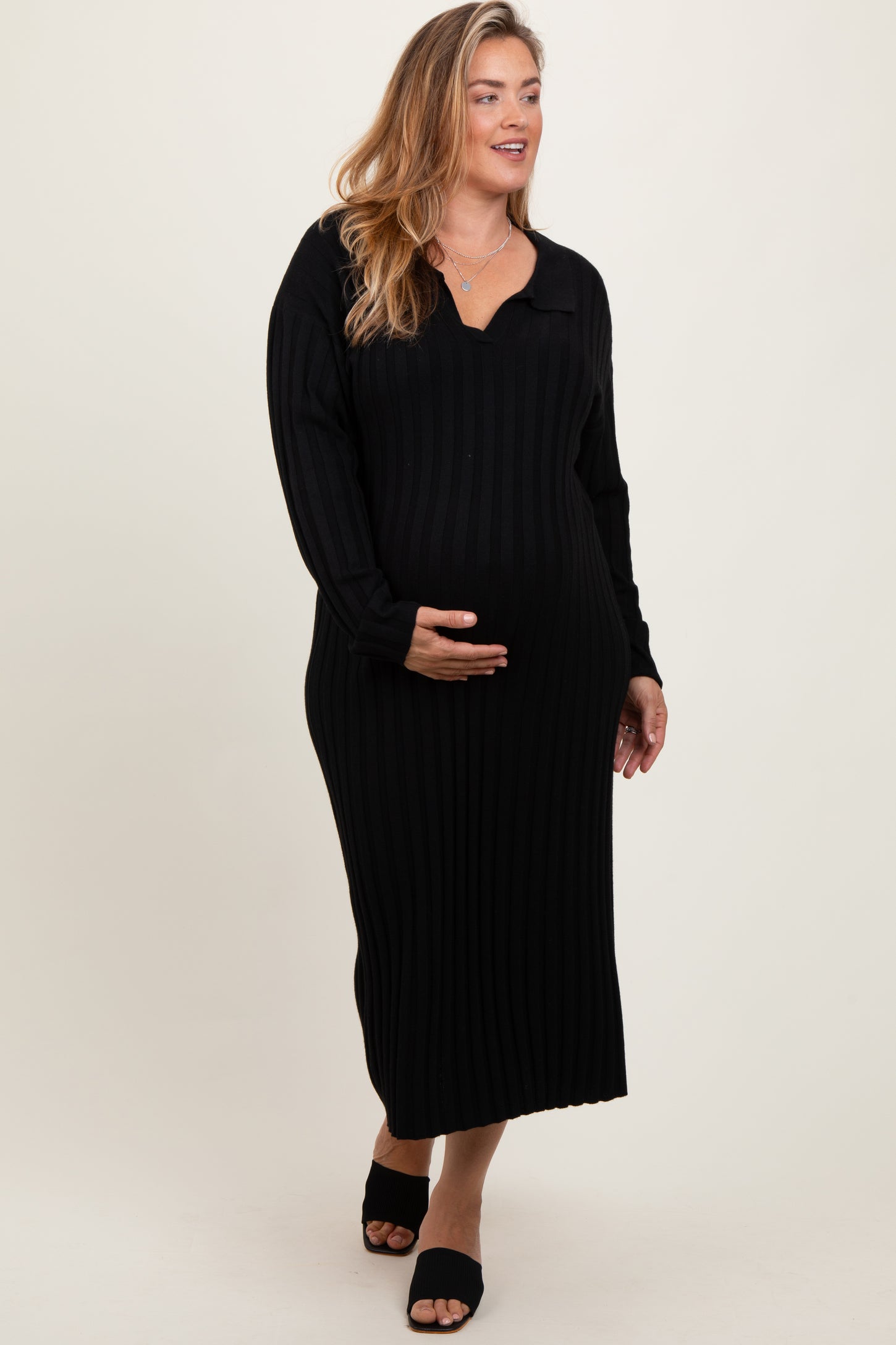 Black Ribbed Collared Maternity Plus Midi Sweater Dress