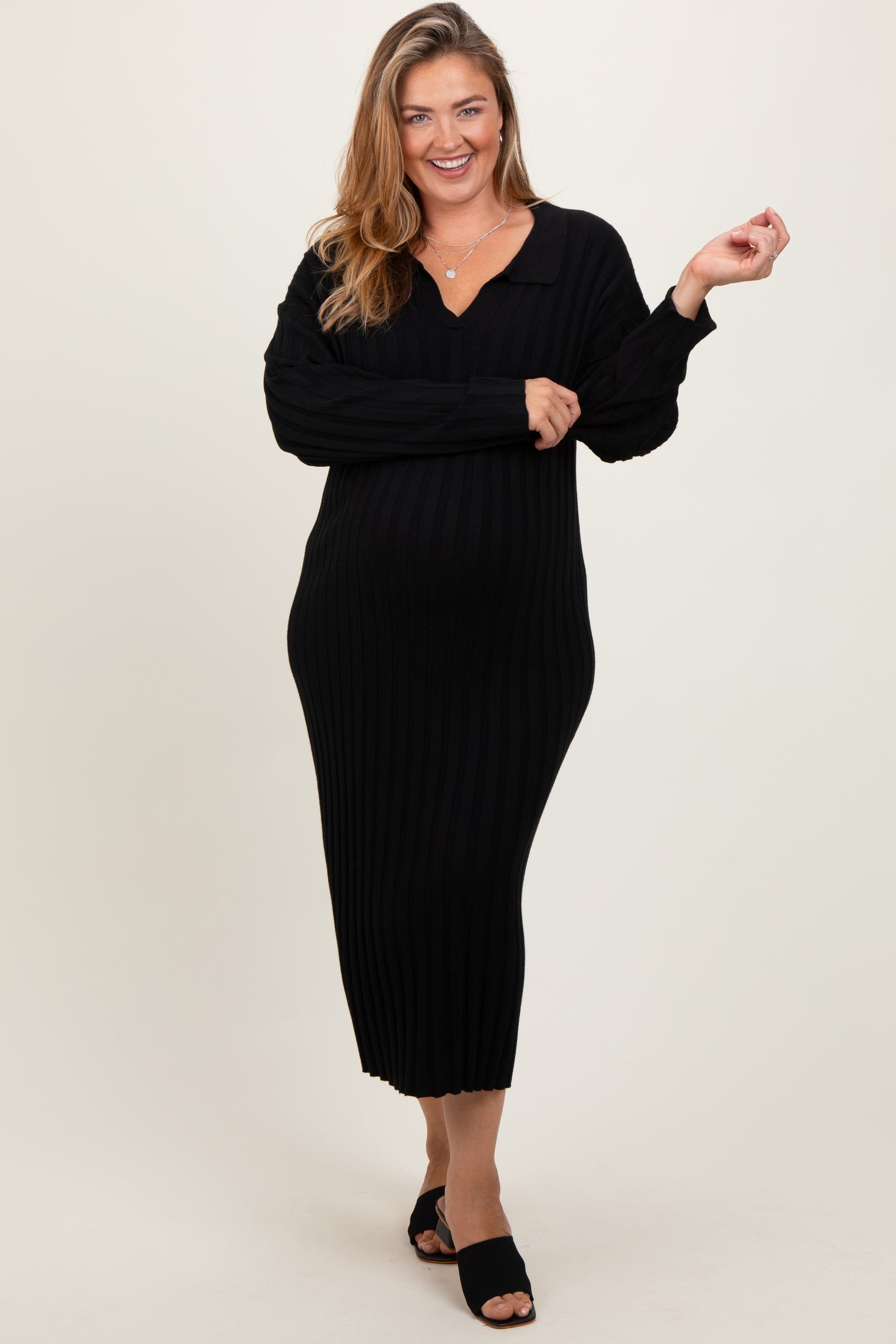 Black Ribbed Collared Maternity Plus Midi Sweater Dress