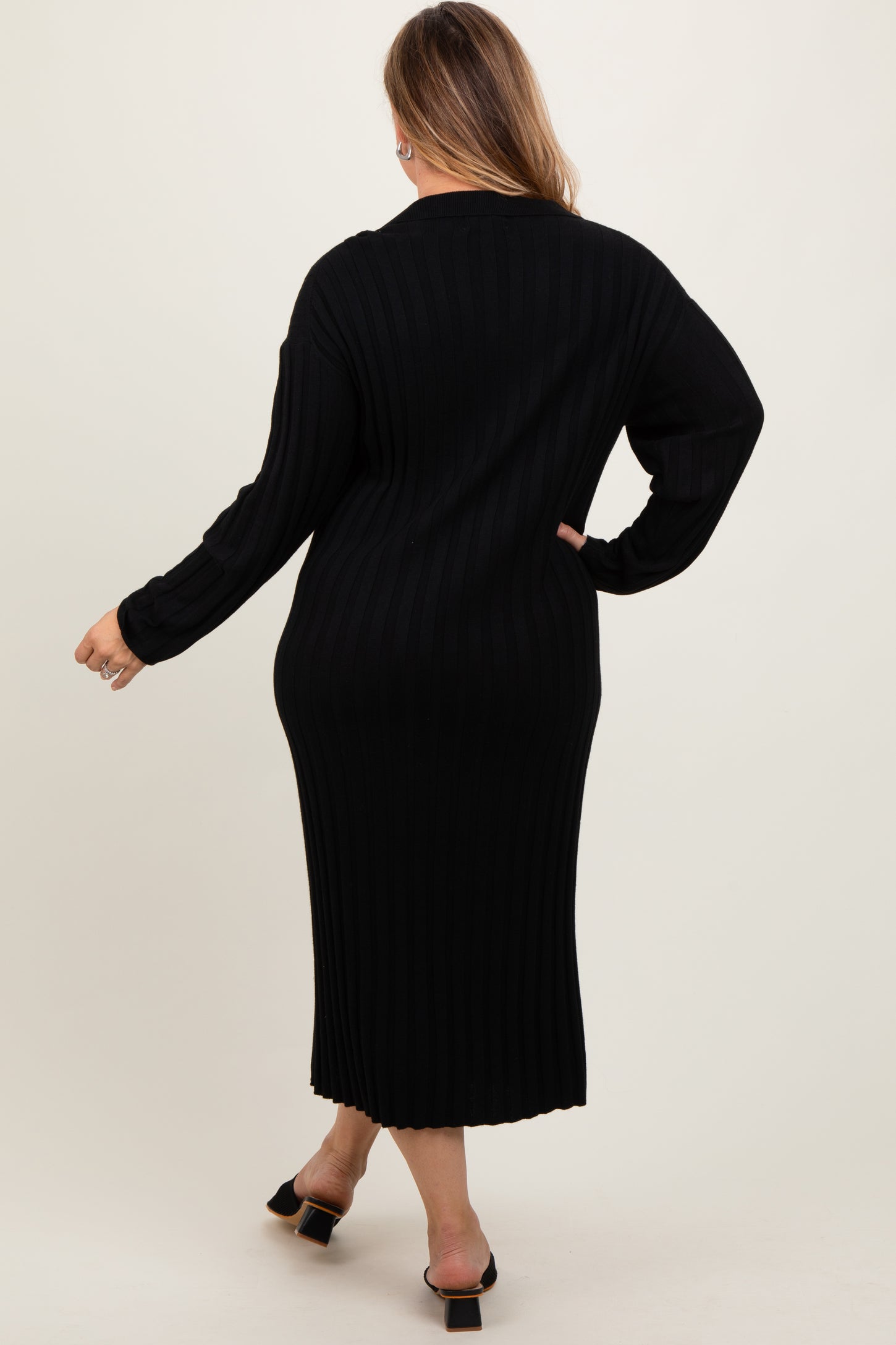 Black Ribbed Collared Maternity Plus Midi Sweater Dress