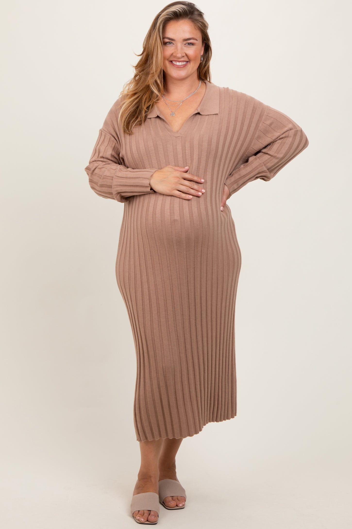 Mocha Ribbed Collared Maternity Plus Midi Sweater Dress