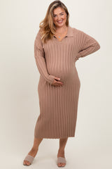 Mocha Ribbed Collared Maternity Plus Midi Sweater Dress