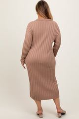 Mocha Ribbed Collared Maternity Plus Midi Sweater Dress