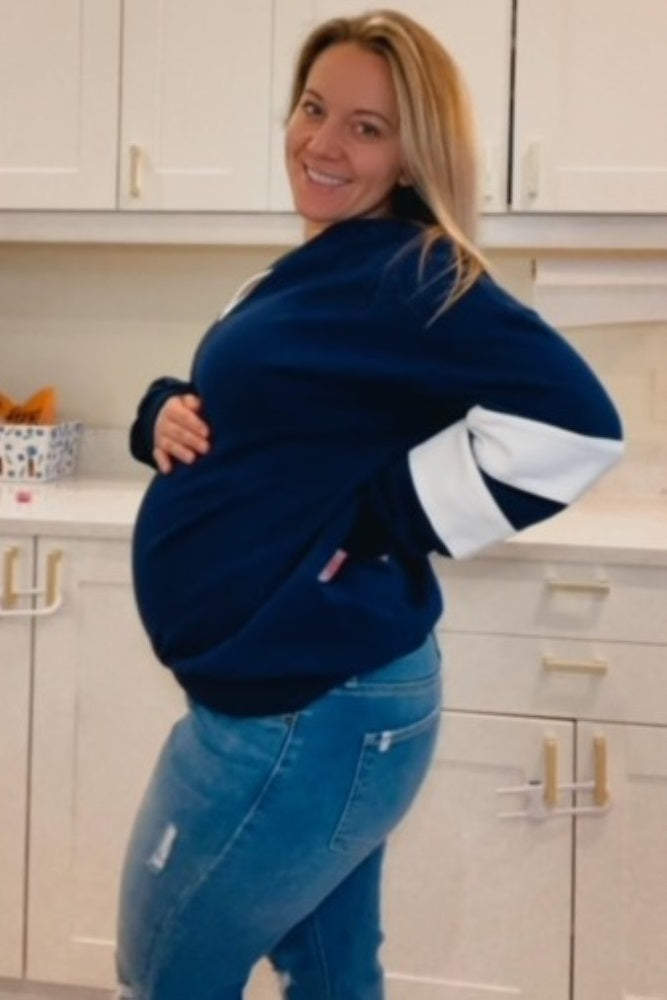 Navy Half Zip Stripe Sleeve Maternity Pullover
