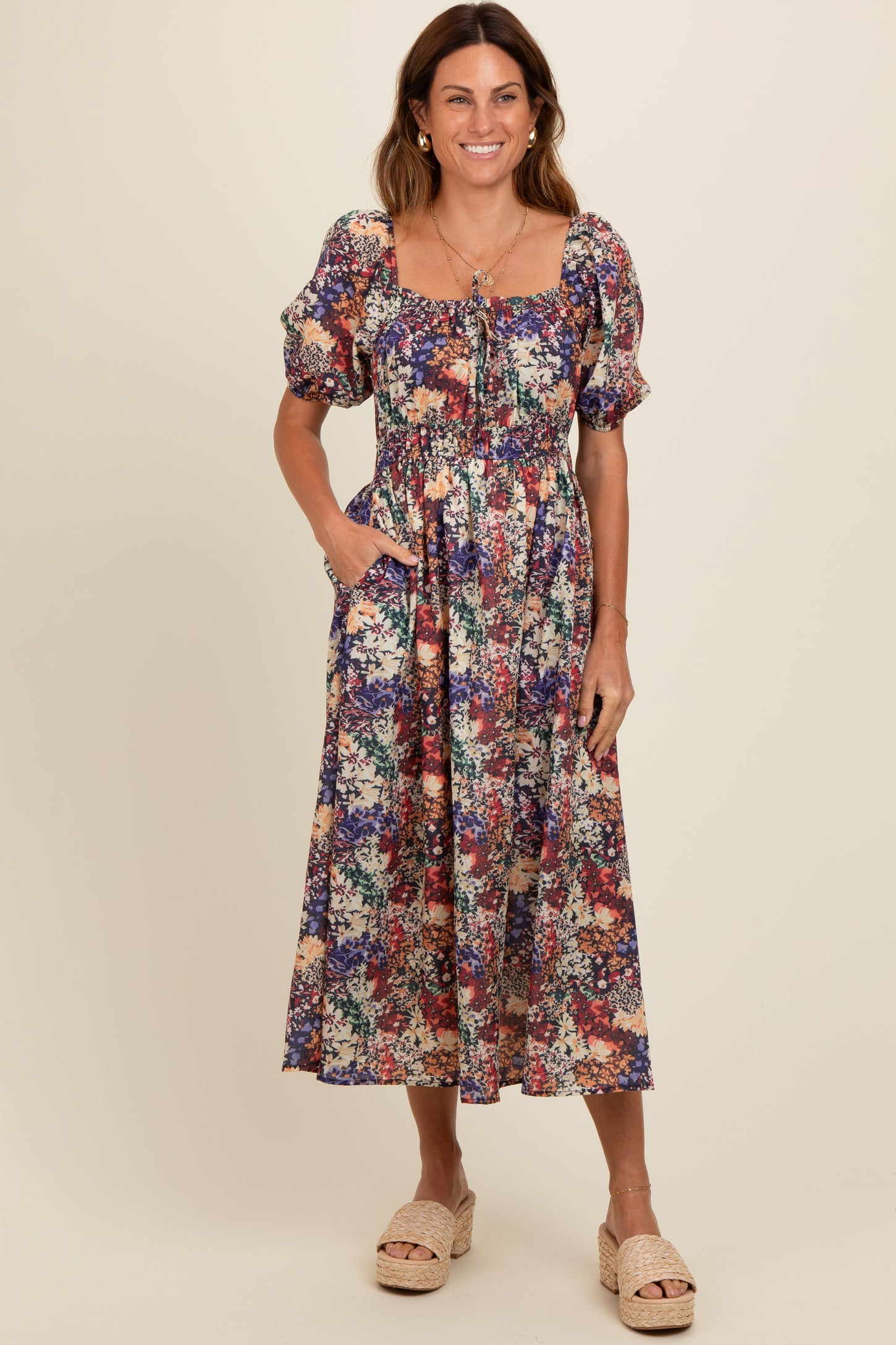 Black Floral Puff Sleeve Midi Dress