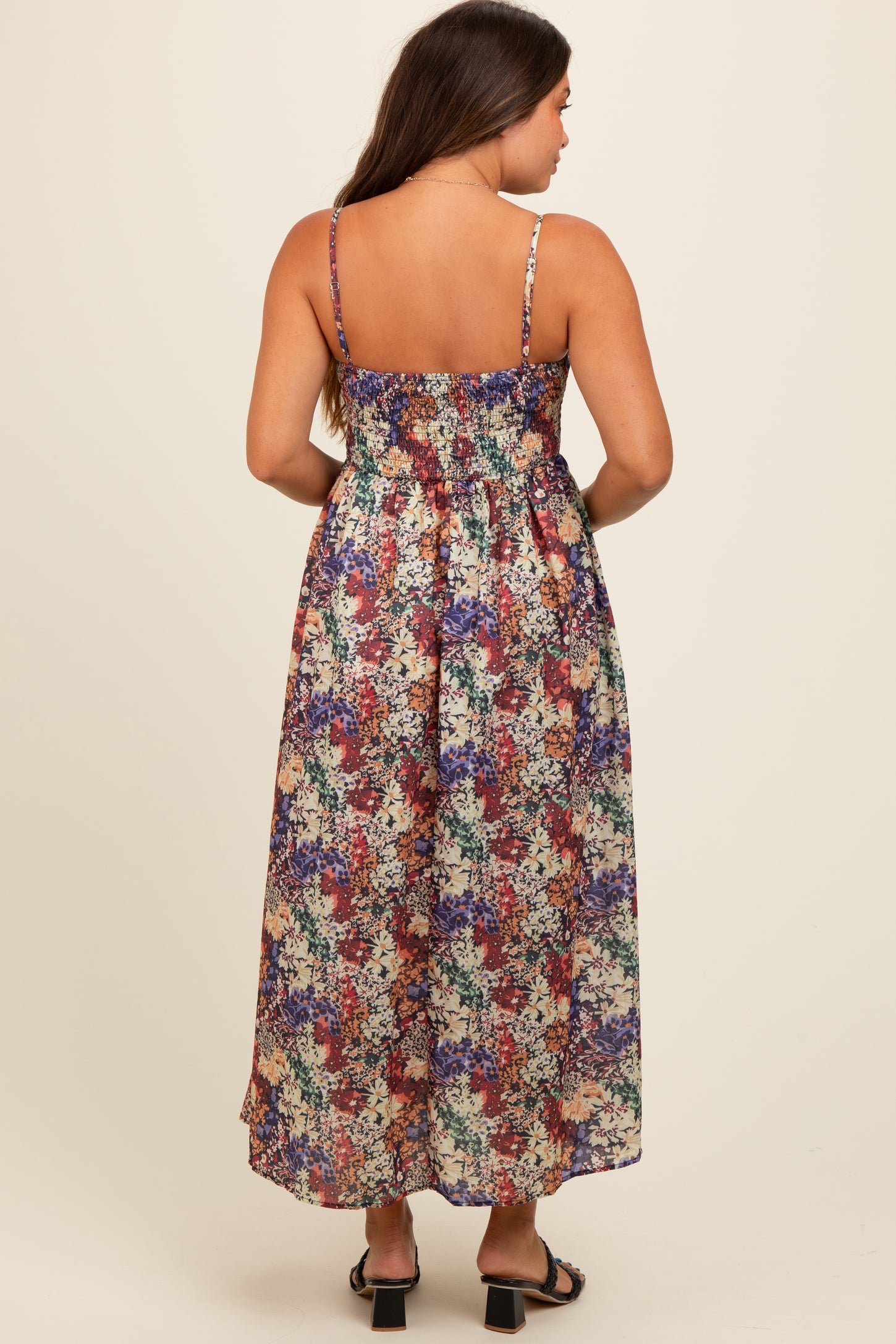 Black Floral Sleeveless Front Cutout Maternity Midi Dress