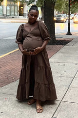 Brown Deep V-Neck Tiered Maternity Maxi Dress