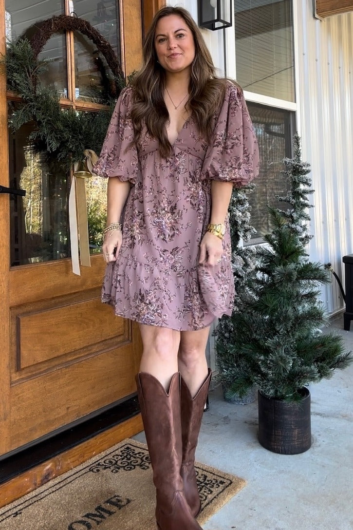 Mauve Deep V-Neck Tie Back Floral Mini Dress